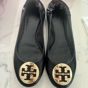 Tory Burch Black Flats with Gold Emblem